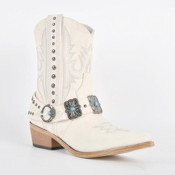 Women's Beige Ankle High Embroidery Pointed Toe Cowgirl Boots Rodeo Country - Picture 3 of 4